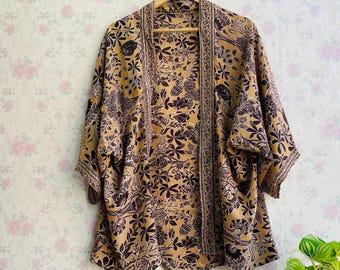 Printed Silk Kimono women  short Bohemian Floral kimono bikini cover up
