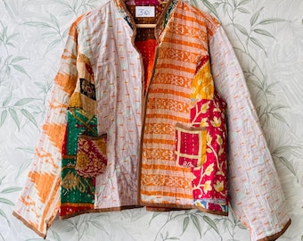 Reversible Kantha Quilted Jacket: Vintage Patchwork Cotton Kimono