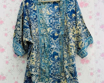 Kardigan kimono w stylu vintage z sari: boho duster, narzutka na bikini, jedwabna kurtka