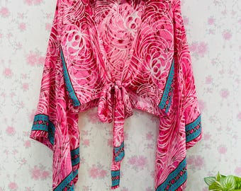 Boho Bell Sleeve Tie Top printed blouse Hippie Silk Crop top bikini cover up