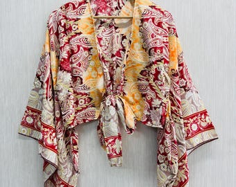 Indian Silk Tie Top: Bell Sleeve blouse women Boho Bikini Cover-Up