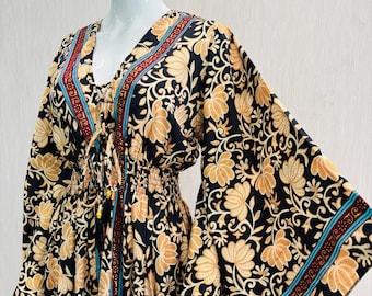 Indian Silk Maxi Dress: Floral Print V-Neck dress Summer long Dresses for her