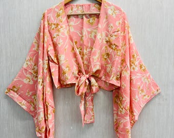 Boho Bell Sleeve Silk Crop Top: 70s Style Tie top Blouse for women