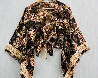 Boho Bell Sleeve Tie Top: Handmade Indian Silk 70s Style