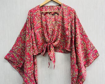 Indian Silk Wrap Top: Boho Flare Sleeve Festival Crop Top for her