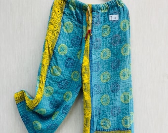 Handmade Kantha Cotton Pants: Upcycled 70s Boho palzo women's Trousers