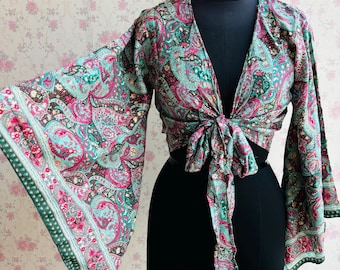 Printed Boho Bell Sleeve Tie Top: 70s Style silk wrap top Festival Crop Blouse