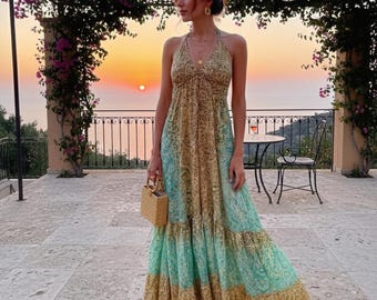 Summer Floral Silk Dress: Bohemian point maxi long Dress gift for her