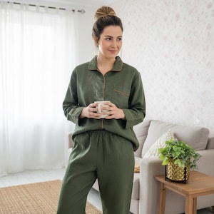 Linen Pajama Set: Olive Green Loungewear with Pockets for her