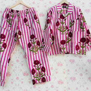 Indian PJ Set,100% Cotton Block Print Pajama Set, Night Wear, Bridesmaid Pajama Set, Womens pajamas Set Cotton Pants Shirt sets,Summer Dress