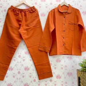 Linen Pajama Set for Women Soft Stonewashed Linen Sleepwear in Rust color 3/4 Sleeve Top and Drawstring Pants Gift her Ethical Loungewear