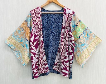 Kurtka kimono z jedwabiu patchworkowego: kardigan boho duster