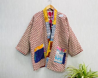 Chaqueta Boho Kantha: Chaqueta de patchwork de algodón acolchada hecha a mano