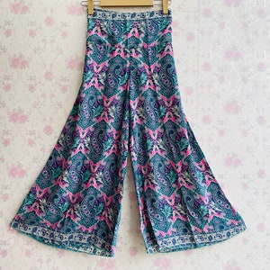 Women long silk pant Boho 70s wide leg Trouser High Waist Bell Bottom Pant Hippie Style Palazzo pant Bohemian Printed silk Pant Gift for Her