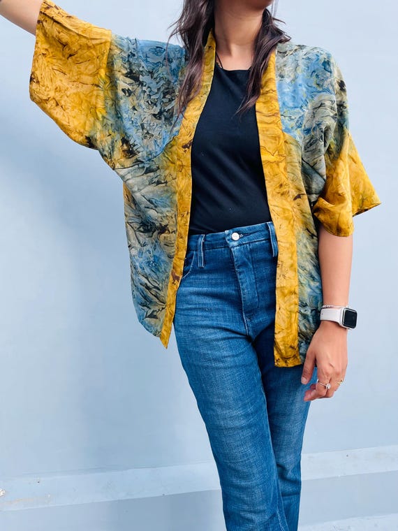 Printed Silk Kimono Jacket: Bohemian Tie Dye Duster Cardigan