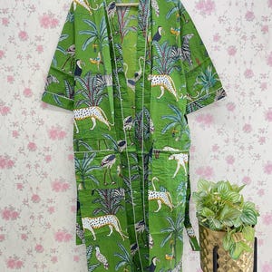 Hand Block Printed Cotton Kimono Robe: Green Jungle Print Loungewear