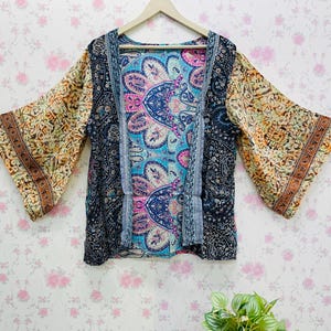 Boho Kimono Jacket Duster Patch Sari Multicolor Hippie Festival Cover Up Beach Wear Resort Outfit Summer Short Kimono Open Cardigan For Her