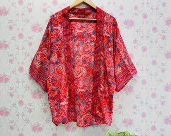 Kurtka kimono z jedwabiu: kardigan boho, okrycie plażowe