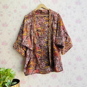 Printed Silk Short Kimono: Bohemian Duster Jacket, Beach Cover-Up