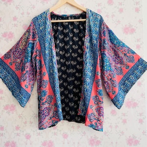 Patch Silk Kimono Jacket Cardigan Duster Jacket Vintage Kimono Bohemian Jacket Women Gift Short Kimono Coat Gift For Her Hippie Kimono