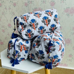 Block Print Quilted Cosmetic Bag Set: Handmade Floral Cotton Pouches