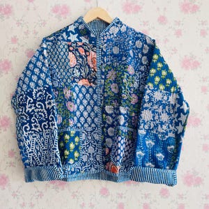Block print jacket Handmade Patchwork Cotton Quilted Jacket women’s clothing Blue patch Quilted Jacket Reversible Women&#39;s Boho short jacket