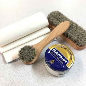4 PIECE - Shoe Shine Travel Kit Leather Care Set Shoehorn + SAPHIR Cream Polish