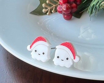 Christmas Ghost Earrings, Ghost Studs, Acrylic Christmas Studs, Spooky Christmas Jewelry, Halloween Christmas Earring, Xmas Earrings, Santa