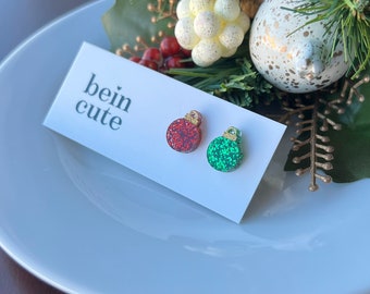 Christmas Ornament Earrings, Christmas Mismatch Earrings, Glitter Acrylic Studs, Winter Stud Earrings, Holiday Earring Studs, Red and Green
