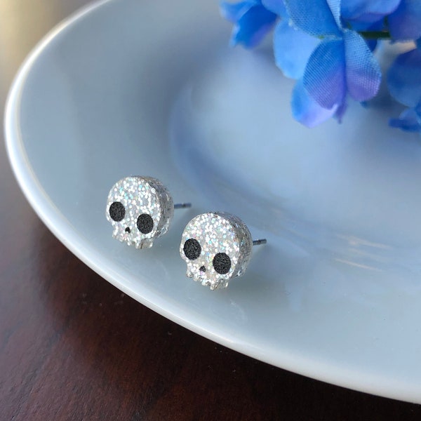 Skull Earring, Gothic Earring Stud, Acrylic Stud Earring, Acrylic Glitter Earrings, Skeleton Earrings, Skull Earring Stud, Halloween Earring