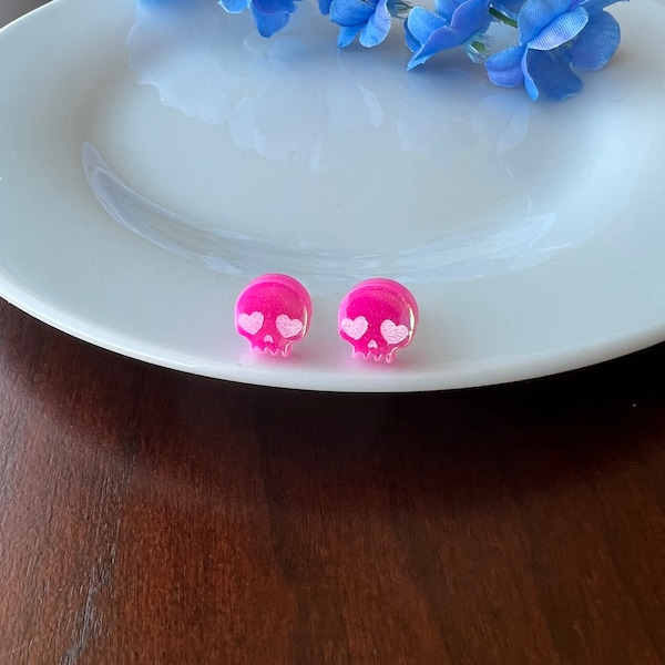 Skull Earring Studs, Skull Jewelry, Skeleton Earrings, Valentines Day Studs, Acrylic Stud Earrings, Sweetheart Earrings, Iridescent Studs