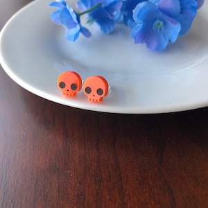 Skull Earring Studs, Skull Studs, Skull Jewelry, Skeleton Earrings, Halloween Stud Earrings, Acrylic Skull Earrings, Halloween Themed Studs Orange