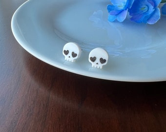 Skull Earring Studs, Skull Jewelry, Skeleton Earrings, Valentines Day Studs, Acrylic Stud Earrings, Sweetheart Earrings, Skull Heart Earring