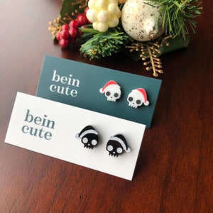 Skull Stud Earrings, Christmas Skeleton Earrings, Christmas Stud Earrings, Holiday Skull Earrings, Winter Stud Earrings, Santa Earrings