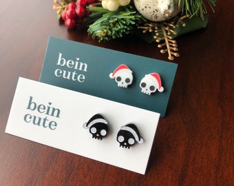 Skull Stud Earrings, Christmas Skeleton Earrings, Christmas Stud Earrings, Holiday Skull Earrings, Winter Stud Earrings, Santa Earrings
