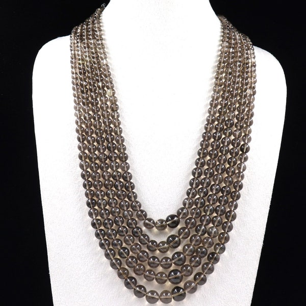 Black Natural SMOKY QUARTZ Beads 5 Line 928 Carats Gemstone Silver Necklace