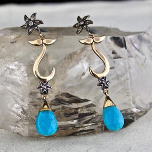 Antique Blue Turquoise Drop Diamond Earrings – 18K Gold & 925 Silver Victorian Jewelry