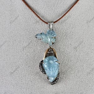 Natural Aquamarine Carved Diamond Victorian Pendant – 18K Gold & 925 Silver Jewelry
