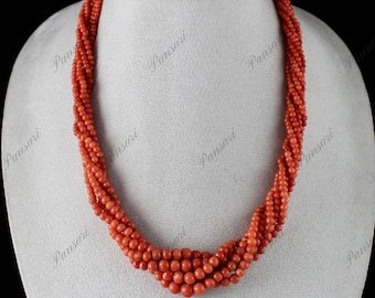 Natural Italian Coral Beads 6 mm Round 6 Line 360 Carats Gemstone Silver Necklace