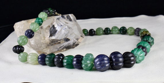 Natural Multi Jade Melon Carved Beads 960 Ct Blue… - image 8