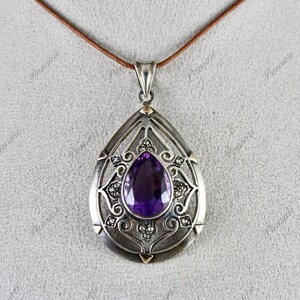 Antique Amethyst Cut Gemstone Diamond 18K Gold 925 Silver Pendant