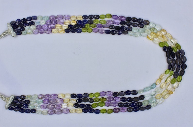 Multi Color 4 Line Iolite Peridot Aquamarine Citrine Amethyst CABOCHON BEADS NECKLACE