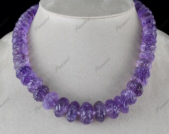 Natural Amethyst Engraved Round Bead Necklace | 765 Carats Purple Gemstone Antique Jewelry