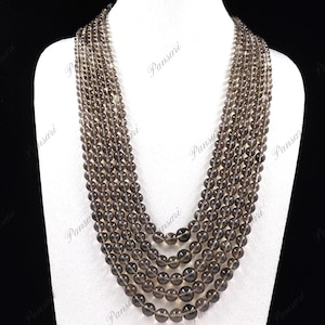 Smoky Quartz Black Beaded Necklace 5 Line 928ct with Silver Clasp Jewelry Gift