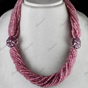 Certified Pink Tourmaline Carved & Beaded Necklace – 878 Carats Gemstone with Diamond Accents in Silver