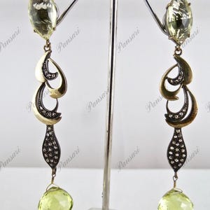 Classic Lemon Quartz Briolette Diamond Victorian Earrings – 18K Gold & 925 Silver