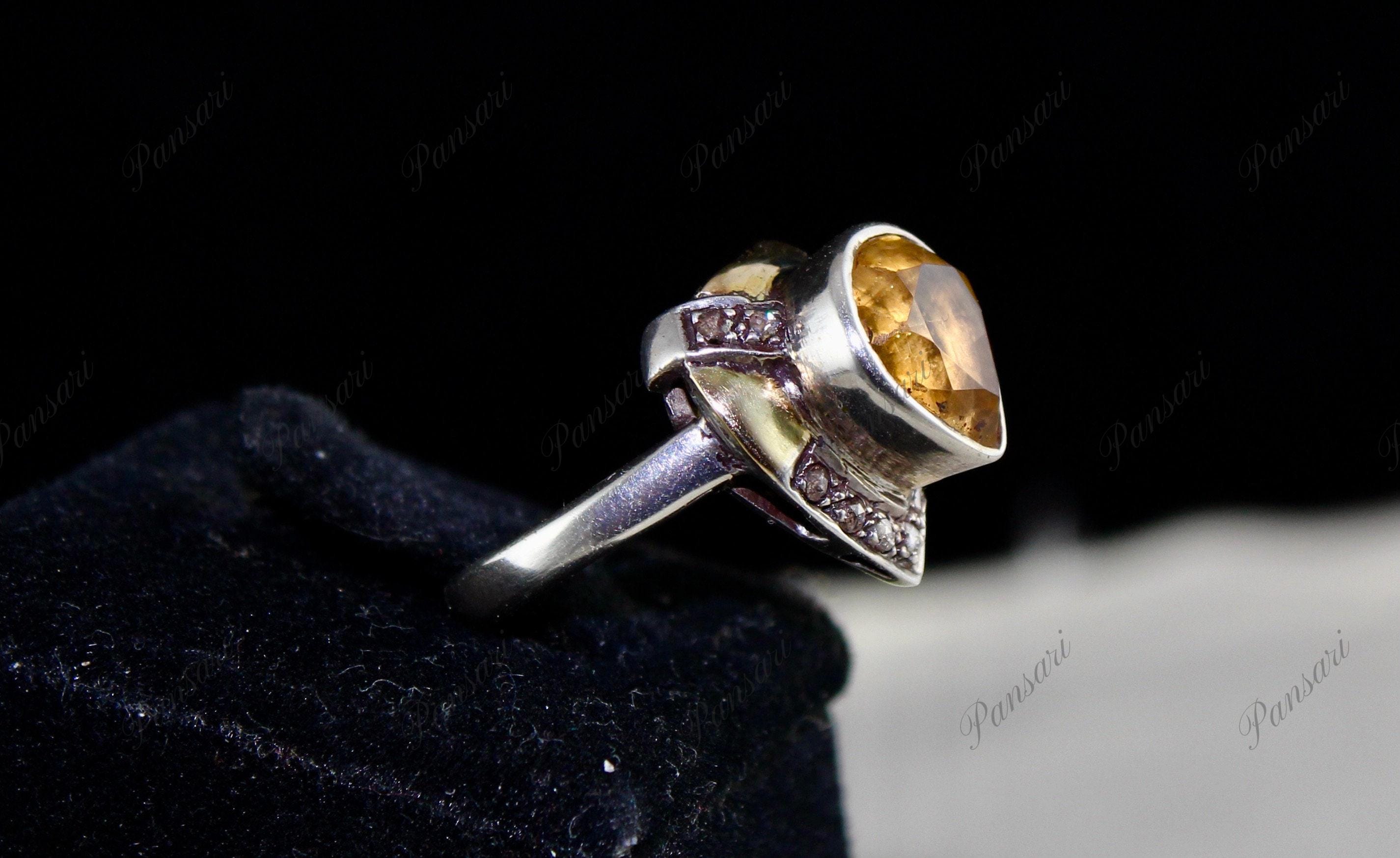 アンティーク イエロー シトリン ハートカット ダイヤモンド 18K 