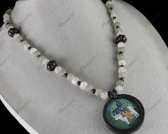 Krishna-målning Silverhänge Rosenkvarts Jade Snidade Stenpärlor Halsband