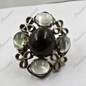 Old Natural Black Apatite & Moonstone Sterling Silver Ring