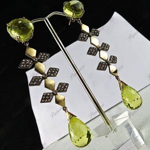 Lemon Quartz Briolette Diamond Earrings – 18K Gold & 925 Silver Victorian Jewelry
